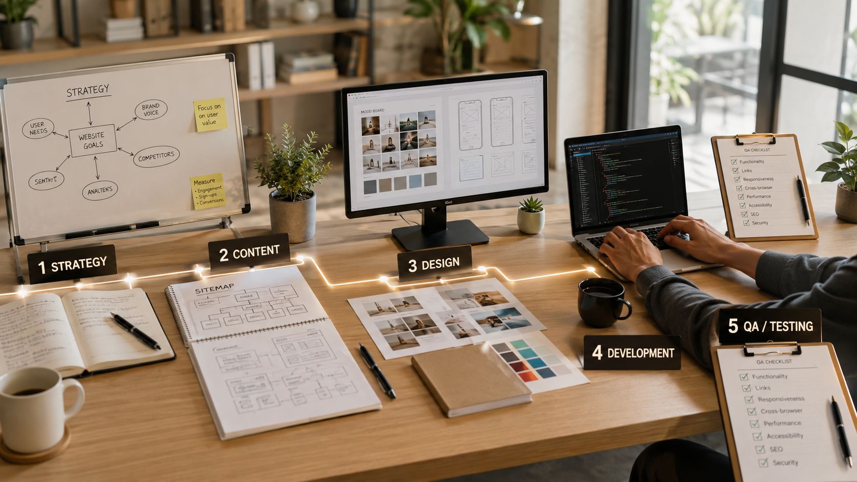 Een bureau met een stappenplan voor het proces van een maatwerk website laten maken met designelementen.