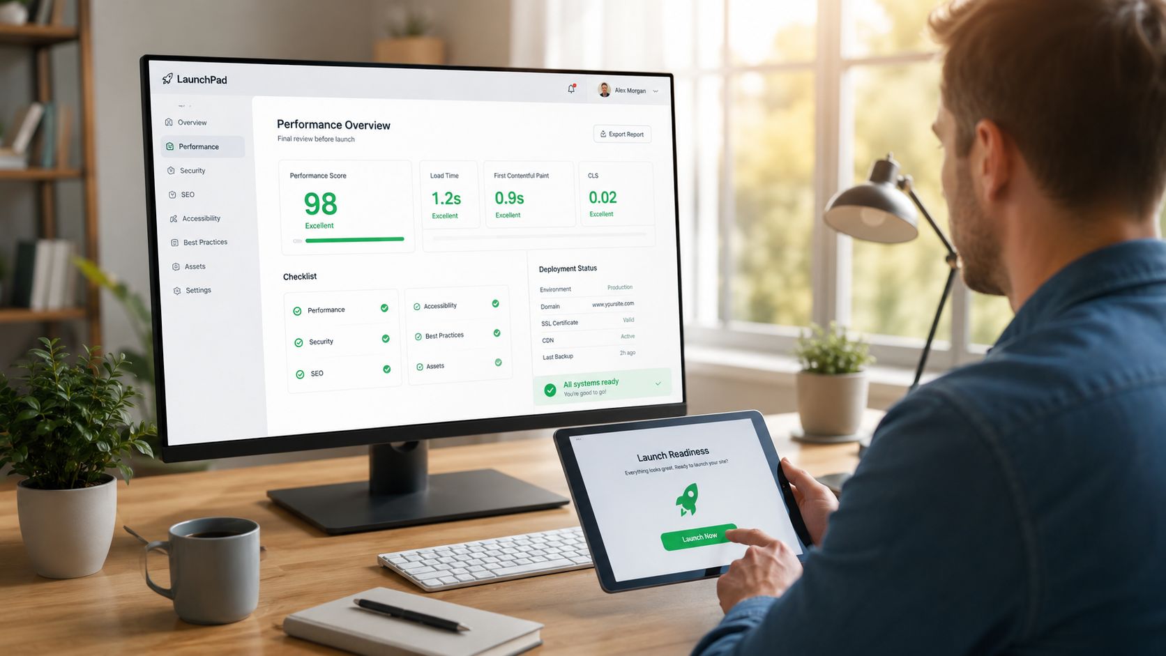 Een man kijkt naar een dashboard op een monitor en tablet voor maatwerk website optimalisatie en lancering.