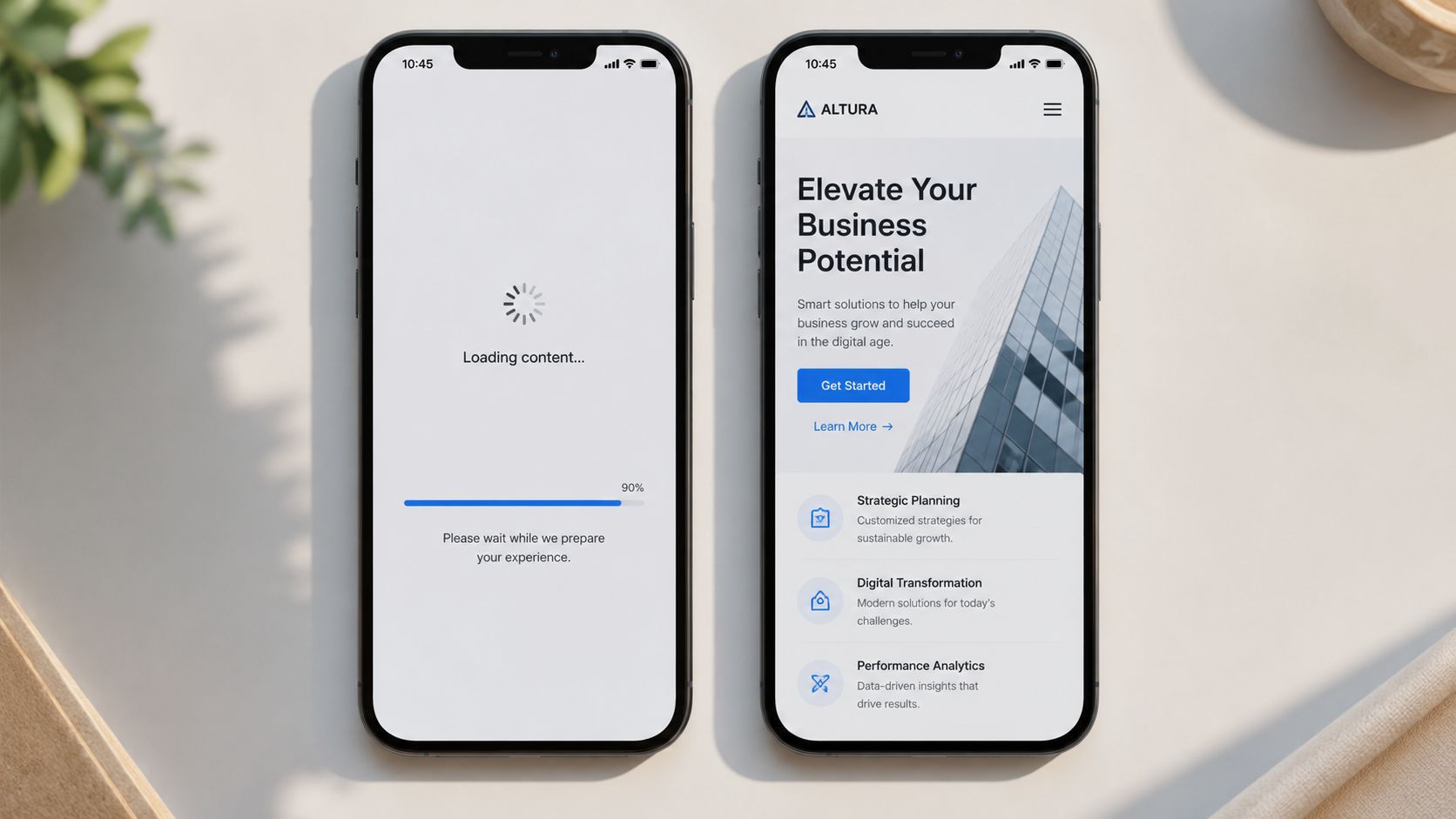 Twee smartphones die een websiteontwerp voor zakelijke conversieoptimalisatie en een laadscherm voor een app tonen.