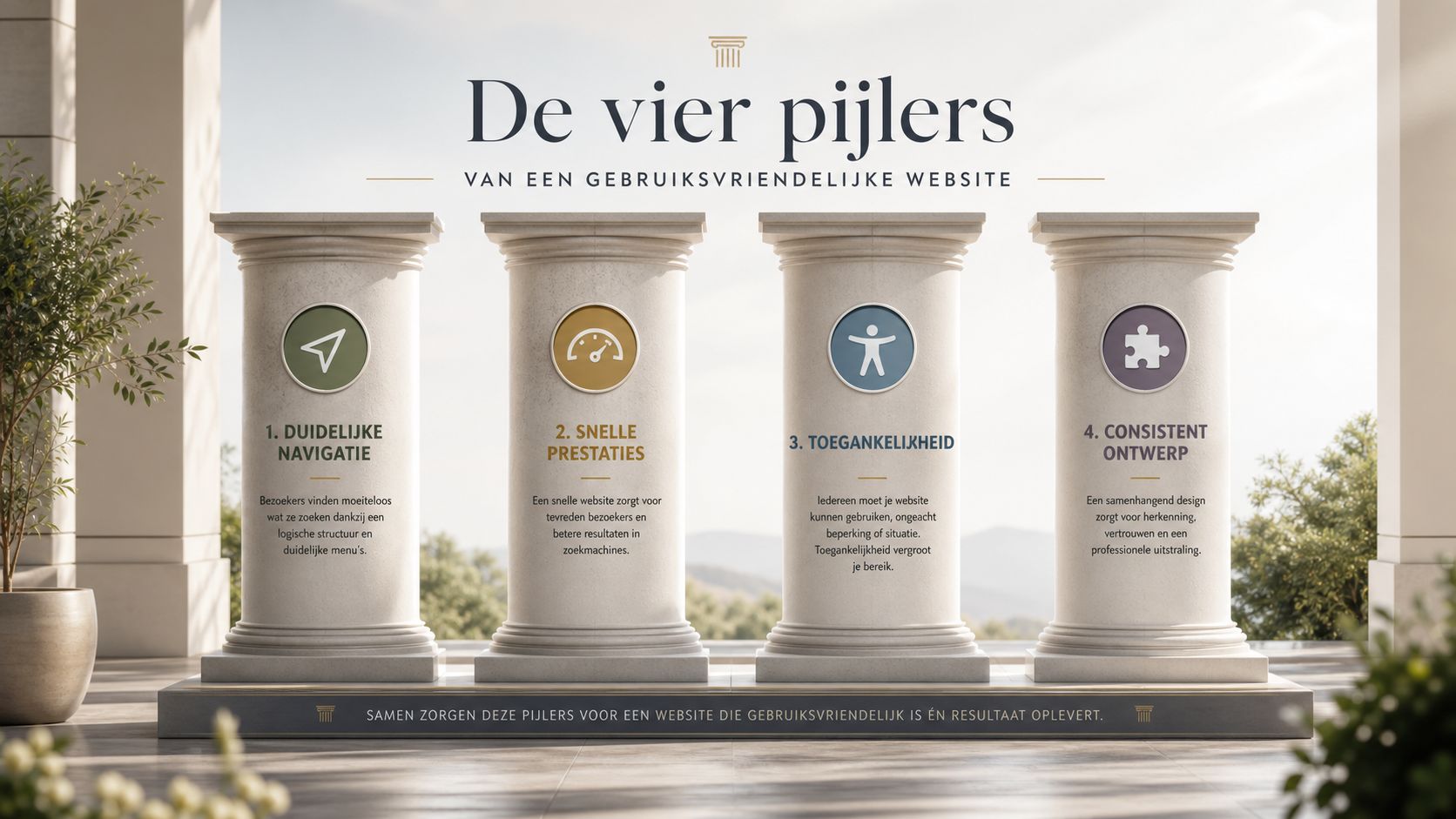 Een overzicht van de vier pijlers voor een gebruiksvriendelijke website, gepresenteerd op klassieke marmeren zuilen.