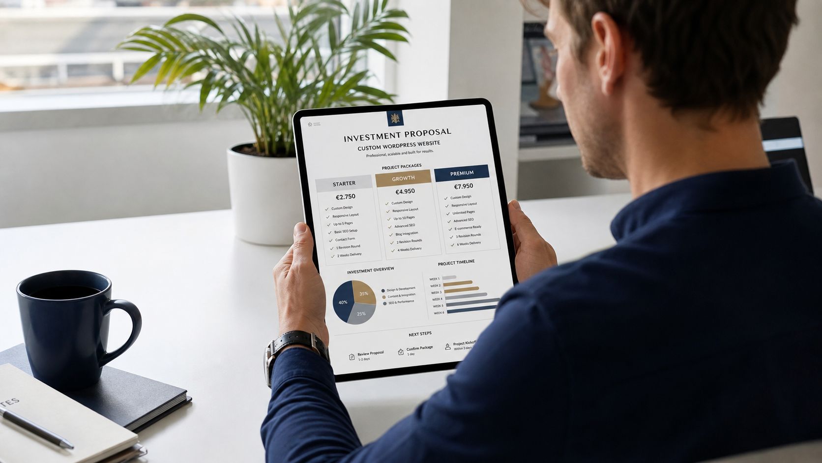 Een man bekijkt een investeringsvoorstel voor een maatwerk WordPress website op zijn tablet op kantoor.