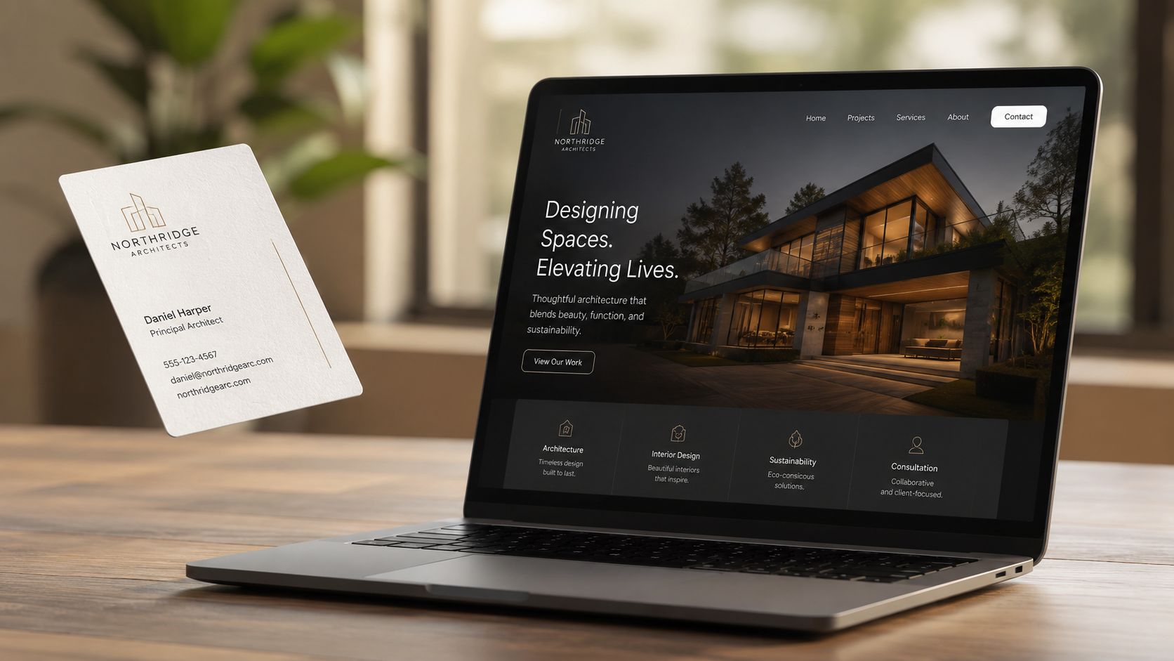 Een laptop en een visitekaartje van Northridge Architects op een houten tafel, perfect voor een professionele ondernemerswebsite.