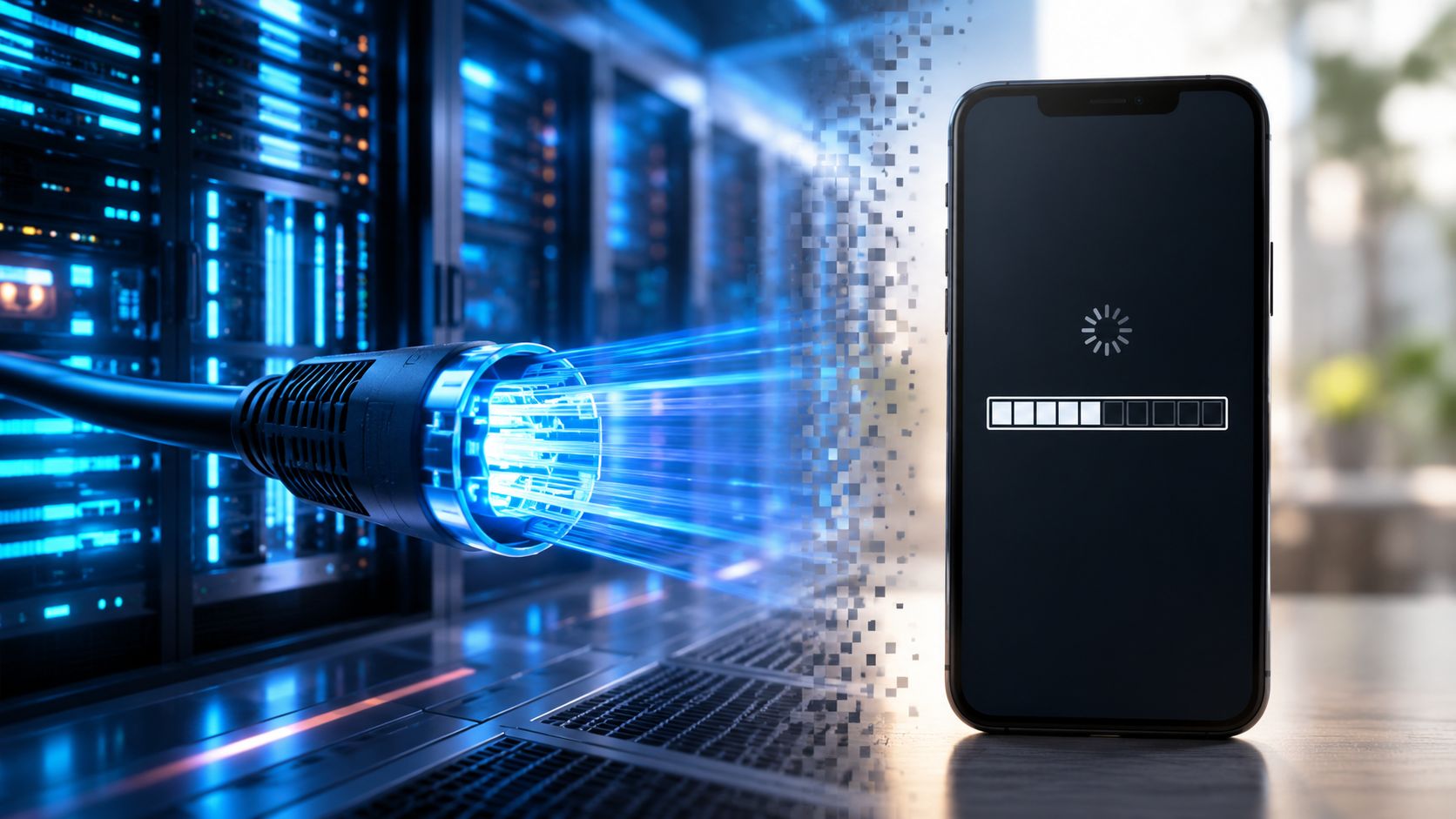 Een smartphone die via een digitale glasvezelkabel data ontvangt van een krachtig serverrack voor zzp'ers.