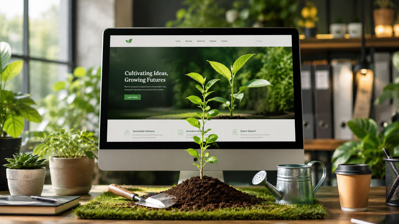 Een desktopmonitor met een zakelijke website over duurzaamheid, geplaatst in een sfeervolle, groene kantooromgeving met planten.