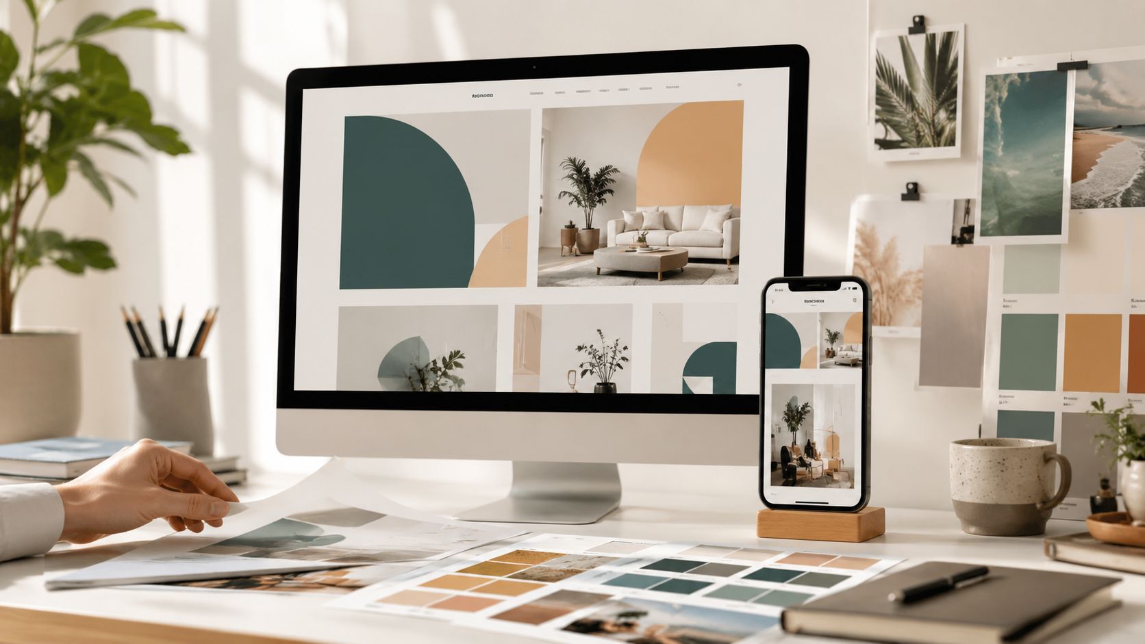 Een ontwerper werkt aan een websiteproject met een computer, smartphone, kleurstalen en inspiratie op een bureau.