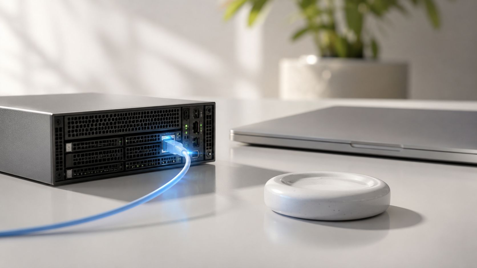 Een kleine server met een blauwe ethernetkabel op een bureau naast een laptop en een ronde oplader.