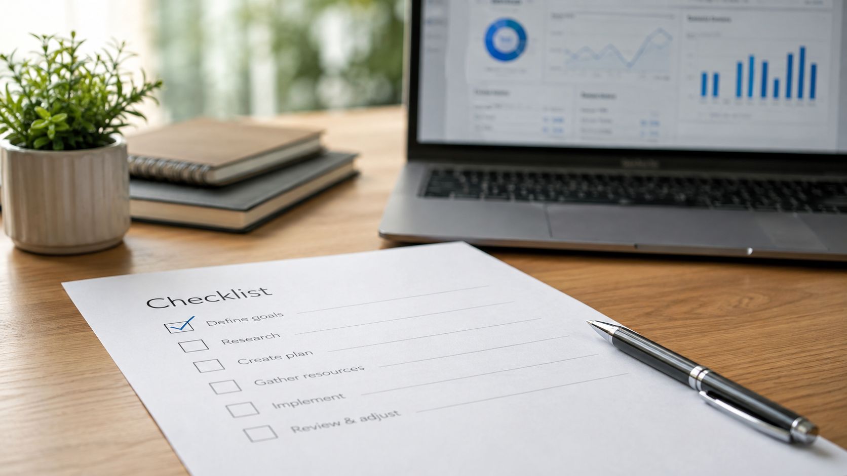 Een checklist op een bureau met een laptop en een pen, ideaal voor website onderhoud WordPress planning.