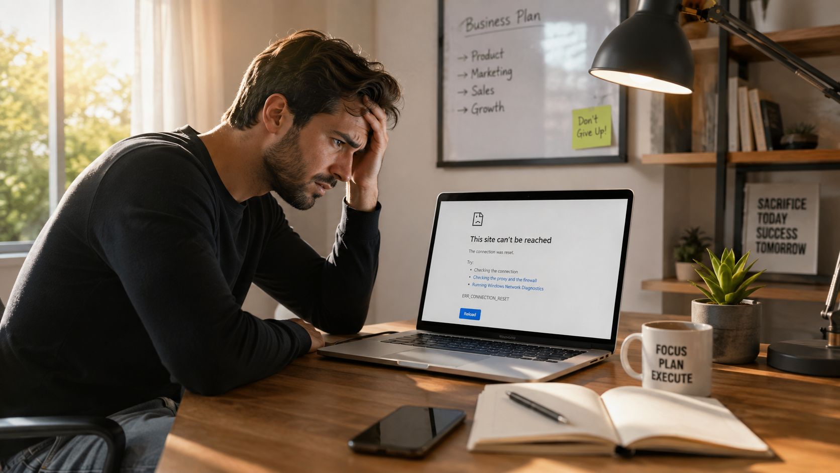 Een gefrustreerde man zit achter zijn laptop met een website die niet bereikbaar is tijdens zijn werkzaamheden.