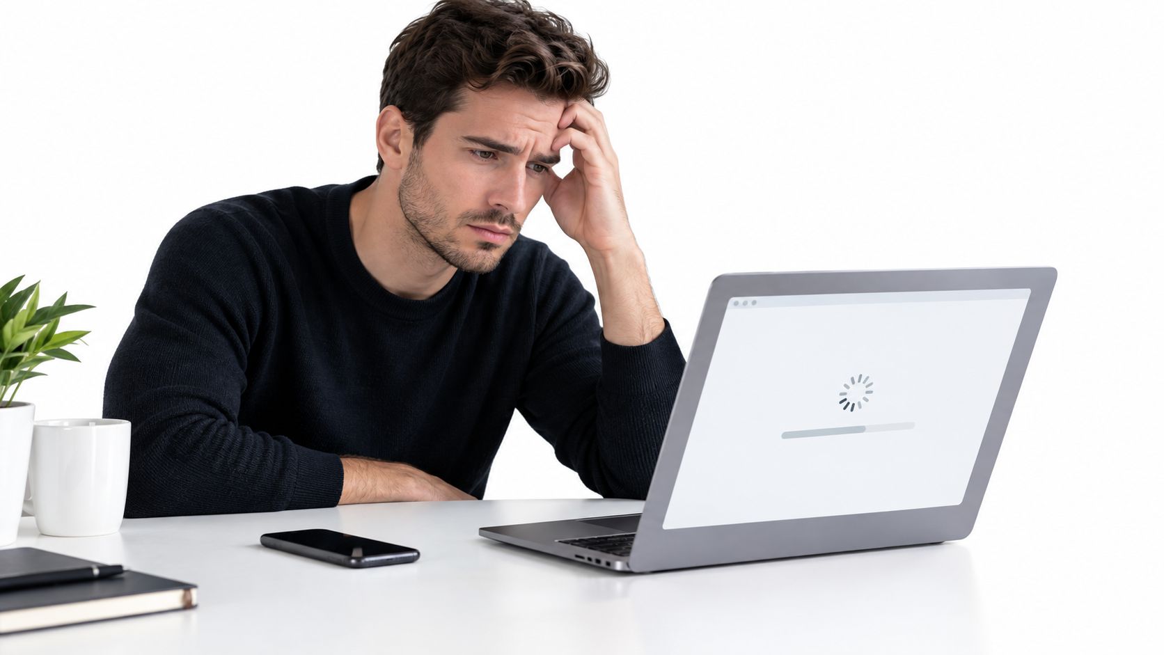 Een gefrustreerde man kijkt naar een traag ladend scherm op zijn laptop tijdens zijn werk.