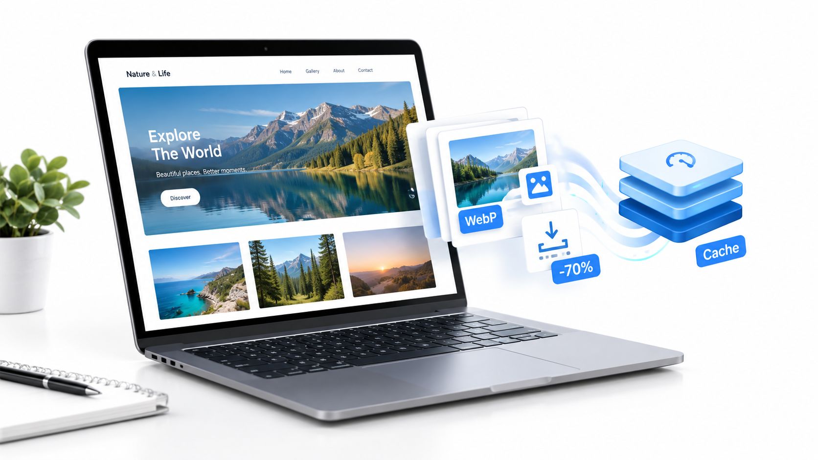 Laptop scherm toont website optimalisatie met WebP afbeeldingen en caching voor een snellere laadtijd van webpagina's.
