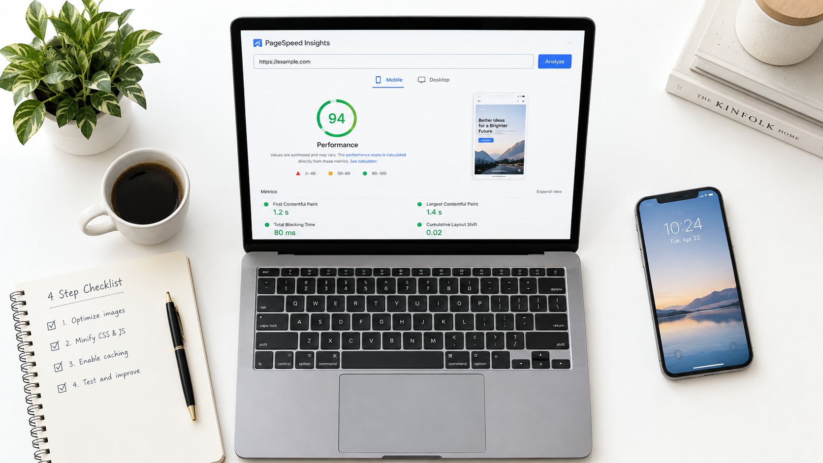 Laptop op een wit bureau met een PageSpeed Insights analyse en een handgeschreven checklist voor websiteoptimalisatie.