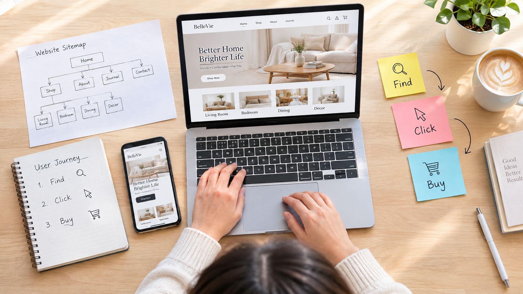 Een bovenaanzicht van een bureau met een laptop, smartphone, aantekeningen en een UX versus UI planning.